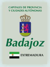 Imagen con la bandera la comunidad autónoma, y con el escudo la ciudad de Badajoz