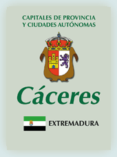 Imagen con la bandera la comunidad autónoma, y con el escudo la ciudad de Cáceres