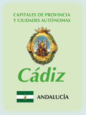 Imagen con la bandera la comunidad autónoma, y con el escudo la ciudad de Cádiz