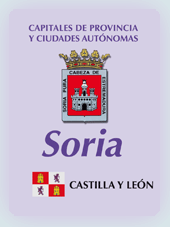 Imagen con la bandera la comunidad autónoma, y con el escudo la ciudad de Soria